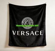 Versace Black White Medusa Greek Key Logo Printed Flannel Throw Blanket IMG_1282